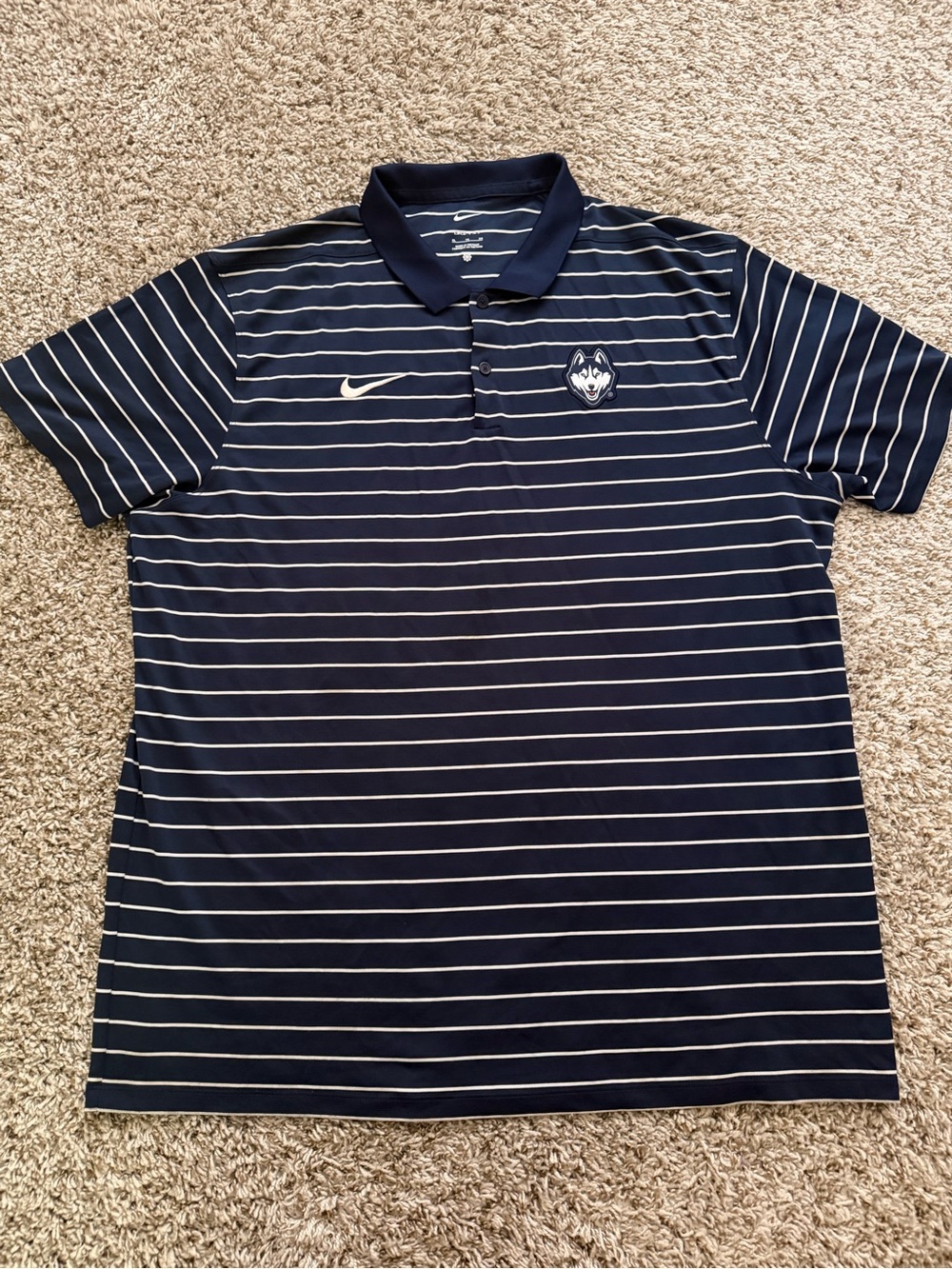 Nike Navy and White Striped Polo with Huskies Logo